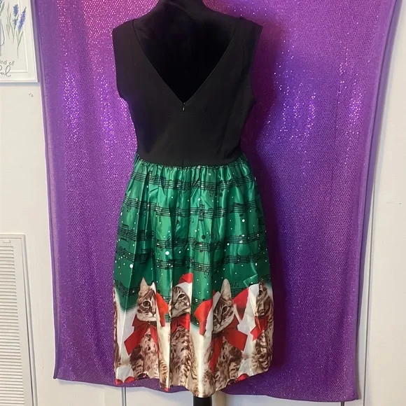 🆕💜Christmas Cats Musical Notes Print Sleeveless Dress - Picture 4 of 5